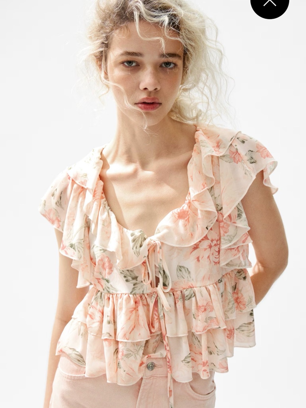 H&M Peach Floral Ruffle Tie-Front Peplum Top